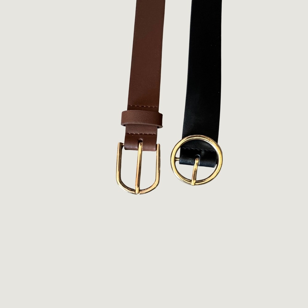 2 Pack Womens Faux Leather Belts Black Brown Gold Buckle Size M/L Minimalist